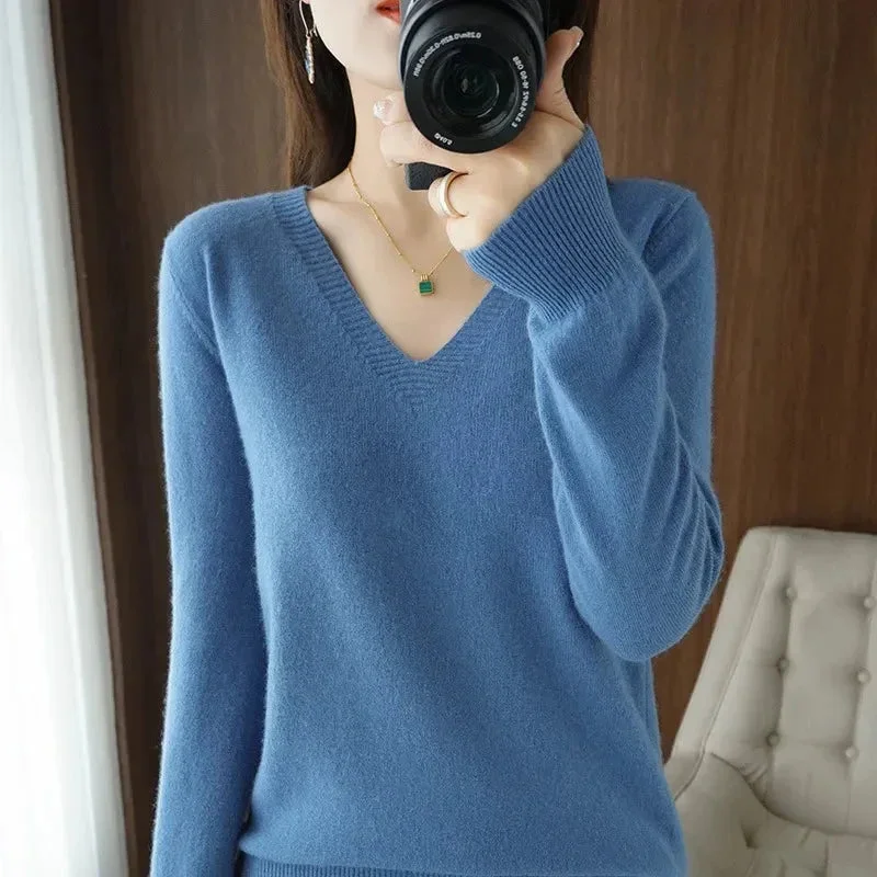 Cashmere Women's V-neck Pullover Lace Neck Hollow Out Design Casual Knitted Long