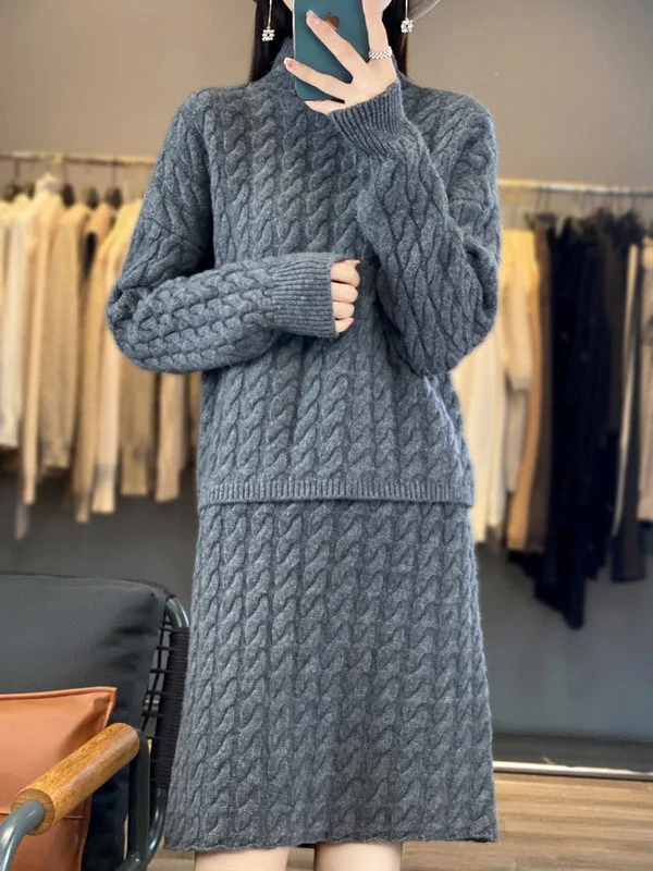 New knitted suit fashionable thickened two-piece set 2023 loose lazy half turtleneck sweater skirt suit