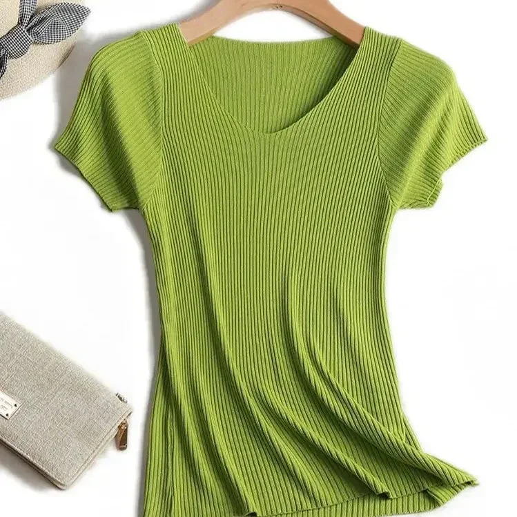 Pullover knitted Short Sleeve knitted Sweater Women Spring Summer Slim Basic Sol