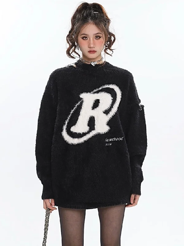 R Halo Neverhood Muha Graphic Image Print Letter Embroidery Long Sleeve Fleece Sweater