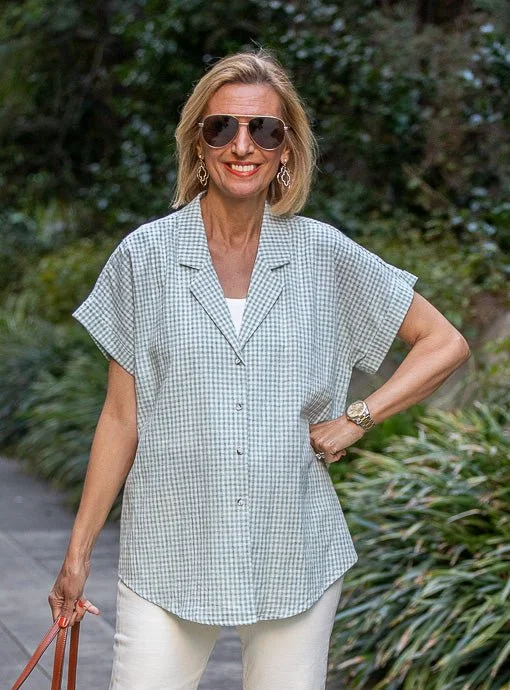 Sage And Ivory Gingham Shirt With Fold Back Sleeves