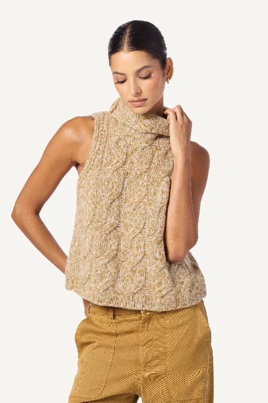 SAIGEY CASHMERE CABLE KNIT SLEEVELESS TURTLNECK | MARLED MATTE GOLD