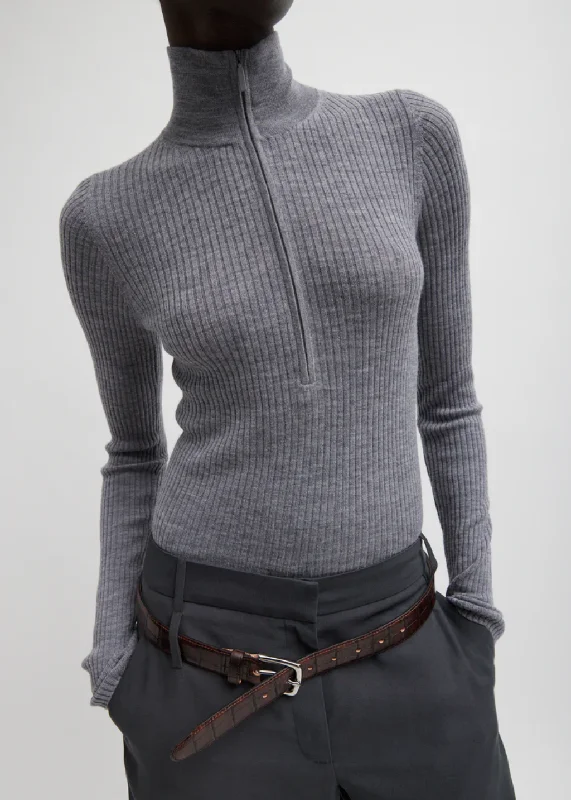 Tibi Featherweight Ribbed Turtleneck Zip Up Sweater in Grey