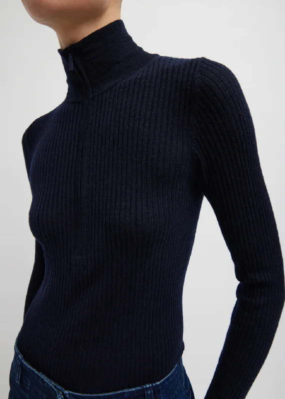 Tibi Featherweight Ribbed Turtleneck Zip Up Sweater in Navy