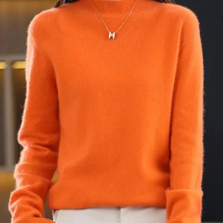 Women Basic 100% Merino Wool Sweater Pullover Mock Neck Fashion Pure Color High