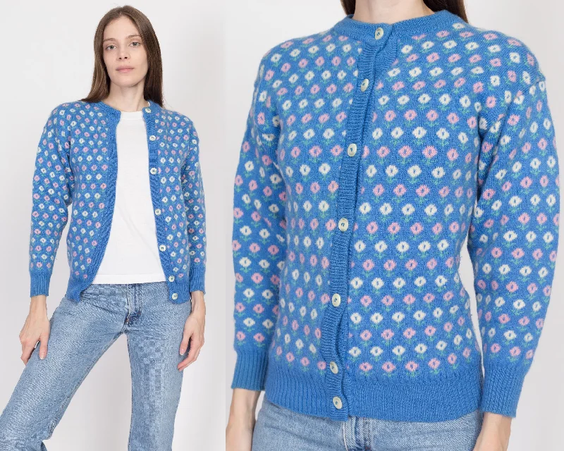 XS 80s Blue Floral Wool Knit Cardigan