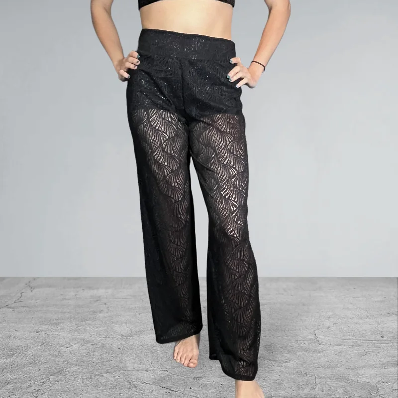 Black Beach Wave Mesh Wide Straight Leg Relaxed Fit Pants