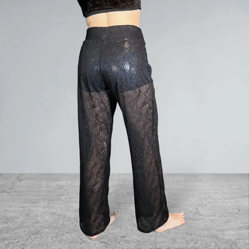 Black Beach Wave Mesh Wide Straight Leg Relaxed Fit Pants