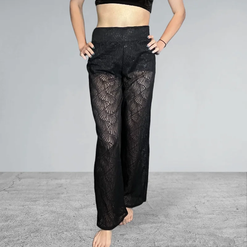 Black Beach Wave Mesh Wide Straight Leg Relaxed Fit Pants