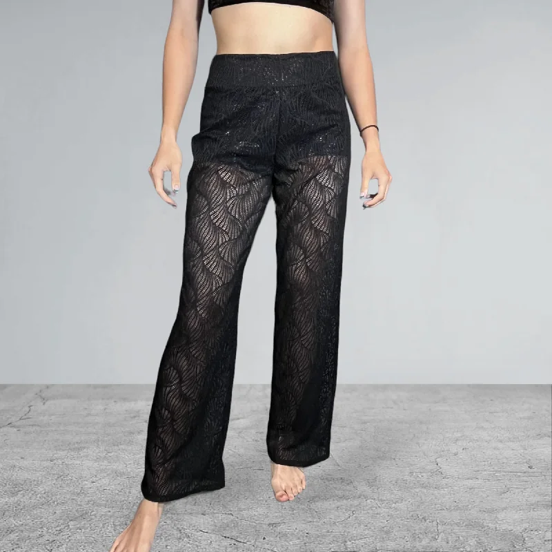 Black Beach Wave Mesh Wide Straight Leg Relaxed Fit Pants