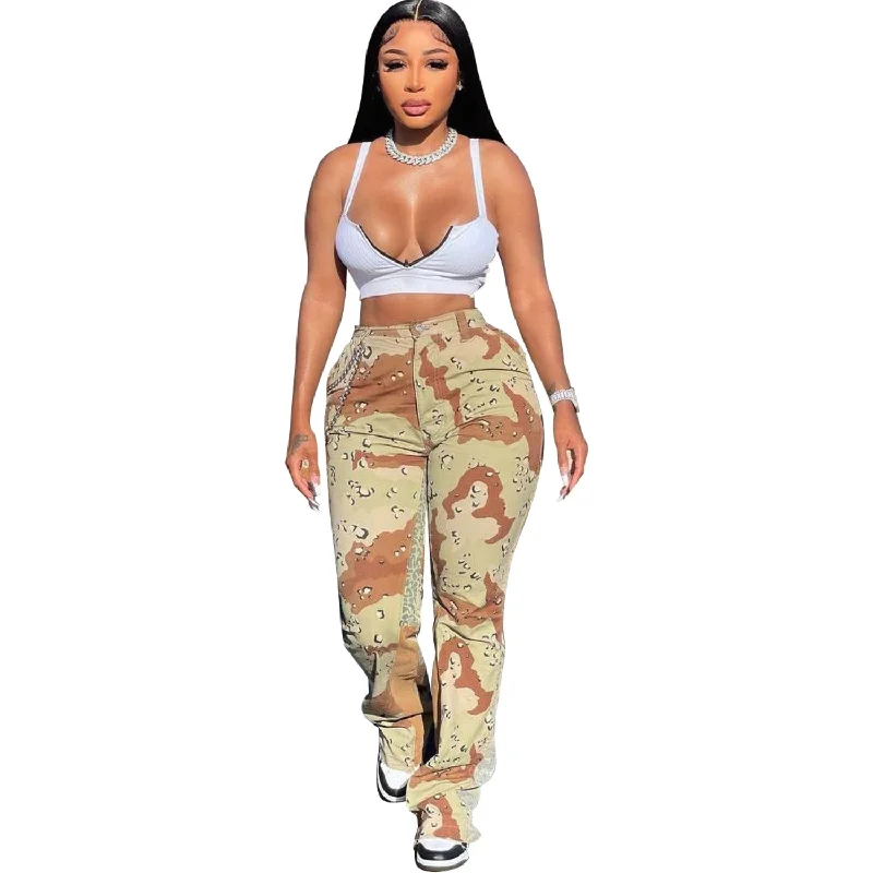 Camouflage Stitching Bell-Bottom Pants（CL10373)