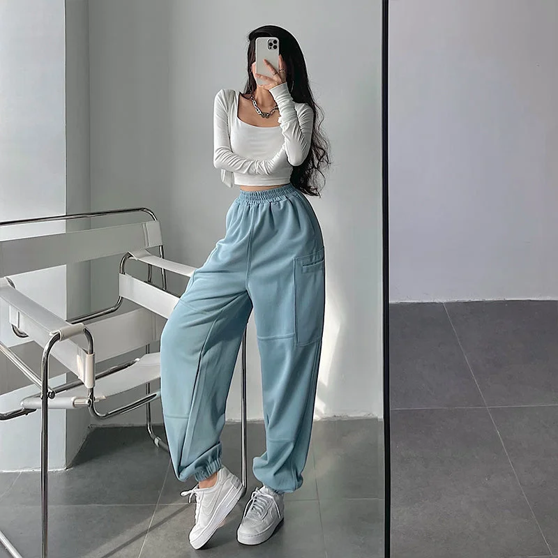 Mary Solid Color High-waisted Loose Side Pockets Sweatpants