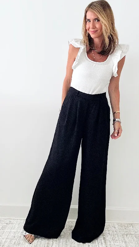 Pleated Solid Pants - Black