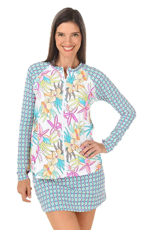 White Tropic Bloom Zip-Front Rash Guard