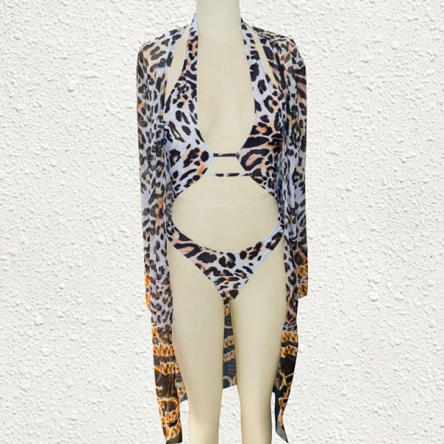 Sexy Leopard Print High Cut One Piece Trikini Swimsuit for Women