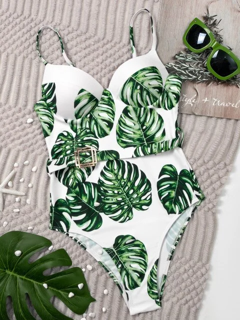 Sexy Push Up Monokini 1-Piece Underwire Printed Women's Swimwear with Belt