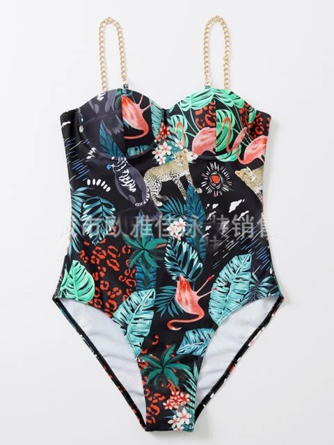 Women's Metal Strap Push Up Bra Printed Monokini Swimming Suit