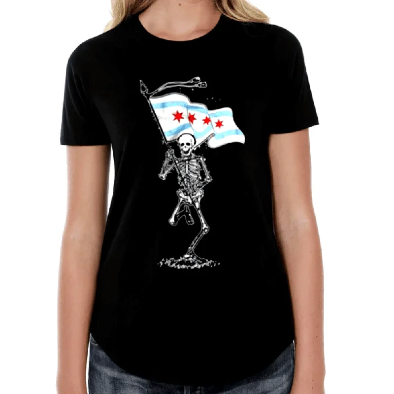 Skeleton Holding Chicago Flag Womens Tshirt