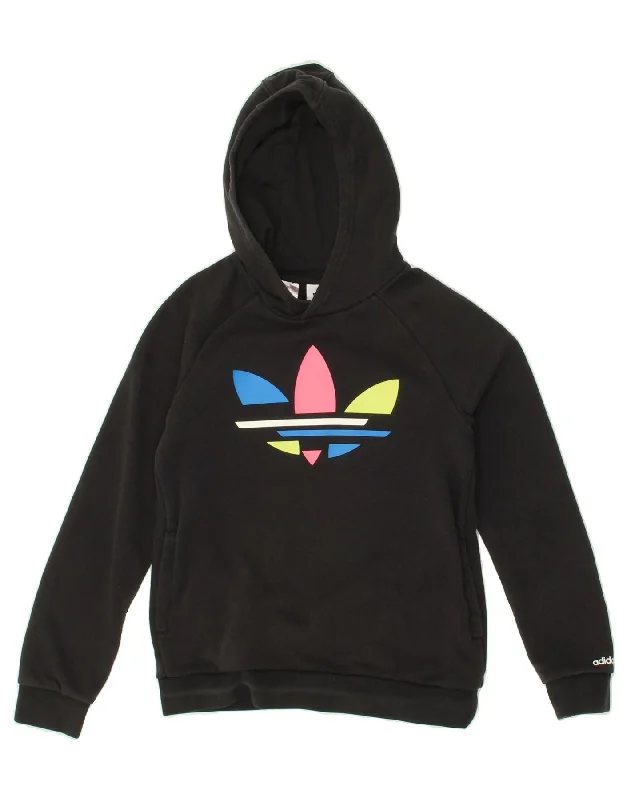 ADIDAS Girls Graphic Hoodie Jumper 10-11 Years Black Cotton