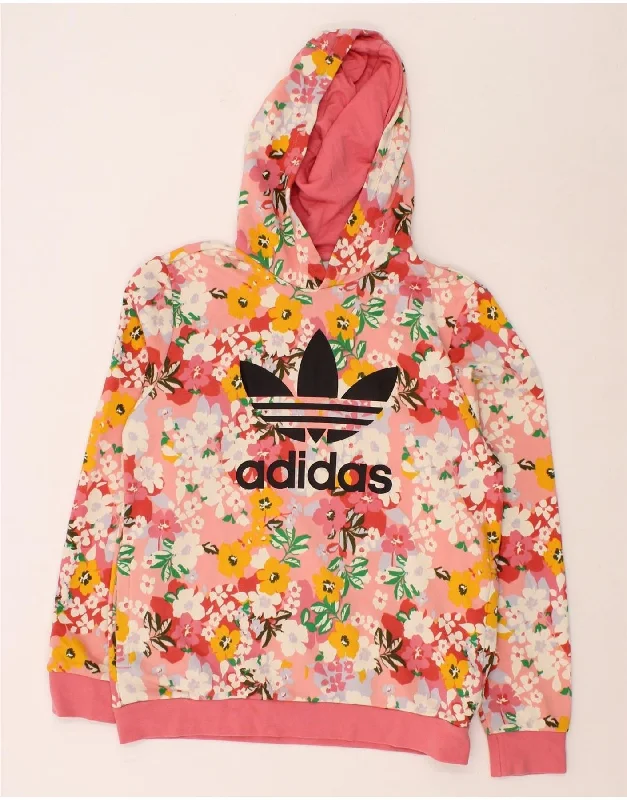 ADIDAS Girls Graphic Hoodie Jumper 13-14 Years Multicoloured Floral Cotton