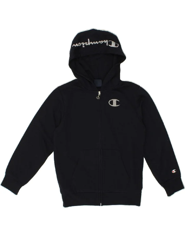 CHAMPION Boys Graphic Zip Hoodie Sweater 9-10 Years Medium Navy Blue