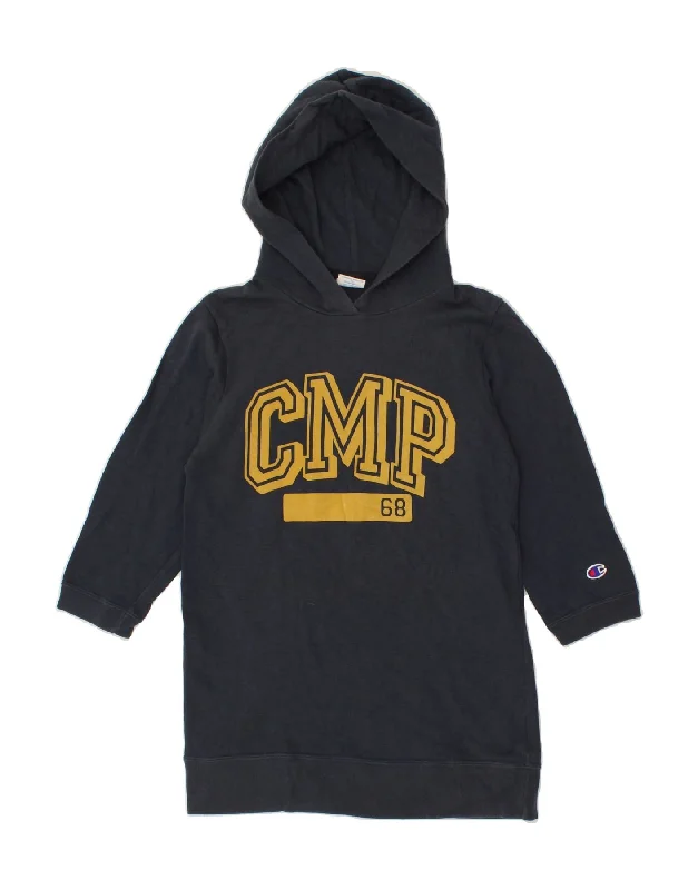 CHAMPION Girls Graphic 3/4 Sleeve Hoodie Jumper 11-12 Years Navy Blue