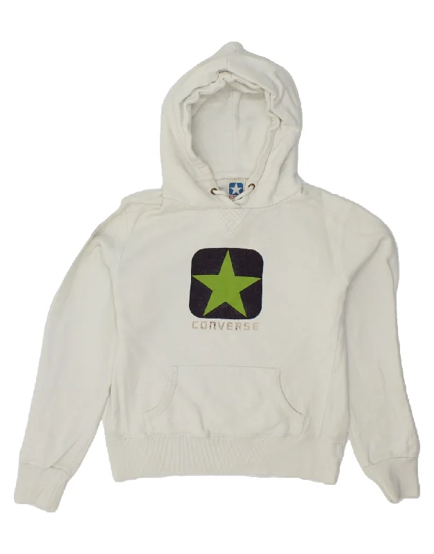 CONVERSE Womens Graphic Hoodie Jumper UK 14 Medium White Cotton