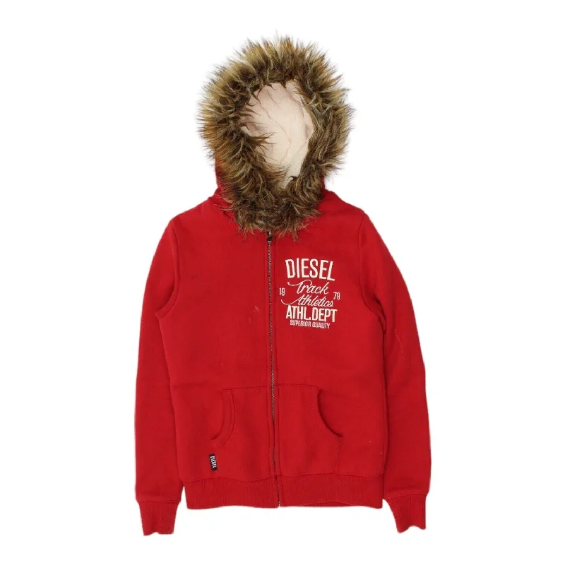 Diesel Womens Red Full Zip Faux Fur Fleece Lined Hoodie | Vintage Designer Hoody