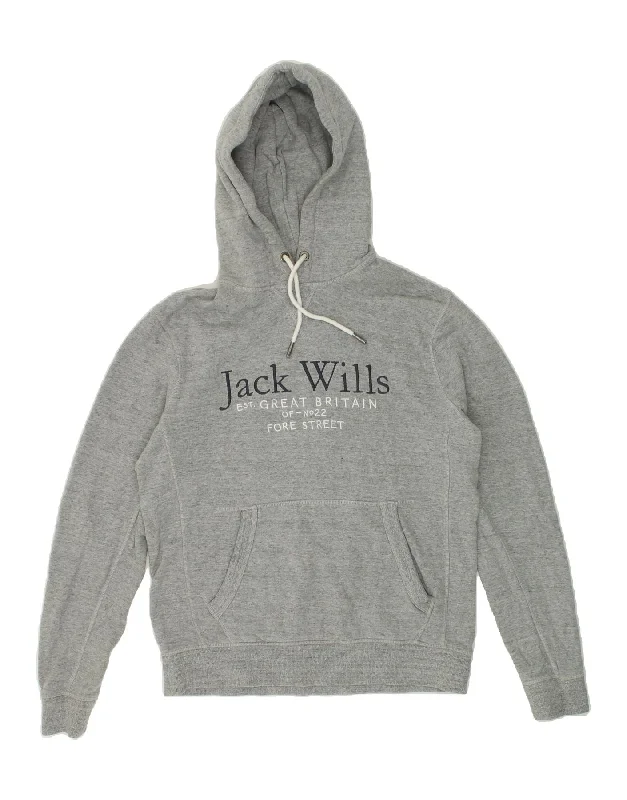 JACK WILLS Mens Graphic Hoodie Jumper Small Grey Flecked Cotton