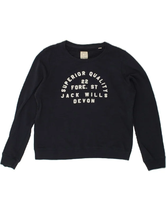 JACK WILLS Womens Graphic Sweatshirt Jumper UK 16 Large  Navy Blue Cotton