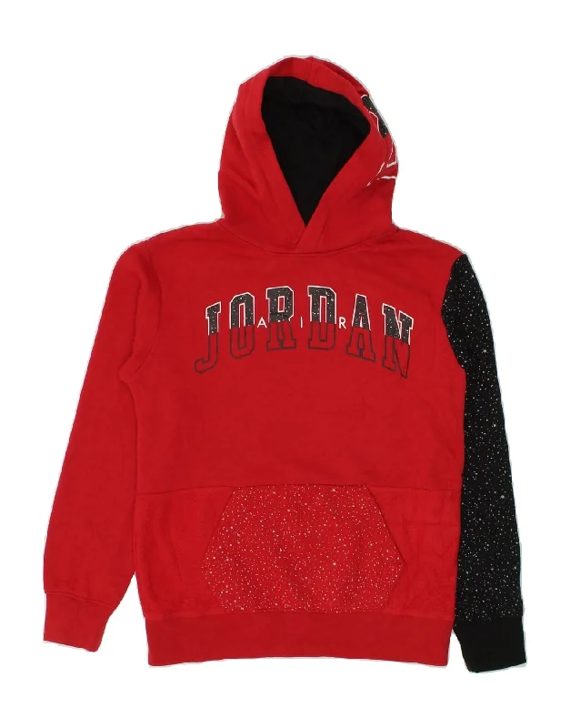 JORDAN Girls Graphic Hoodie Jumper 12-13 Years Large Red Colourblock