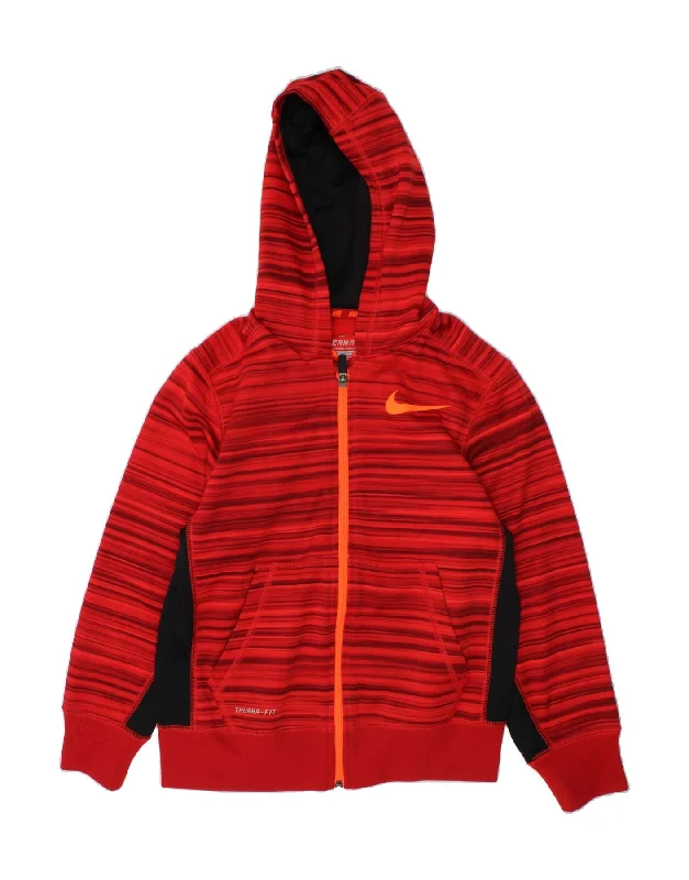 NIKE Boys Therma-Fit Zip Hoodie Sweater 8-9 Years Small  Red Colourblock