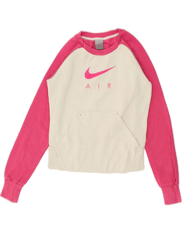 NIKE Girls Graphic Sweatshirt Jumper 8-9 Years Small Pink Colourblock