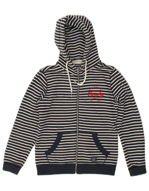 SUPERDRY Womens Graphic Zip Hoodie Sweater UK 14 Large Navy Blue Striped