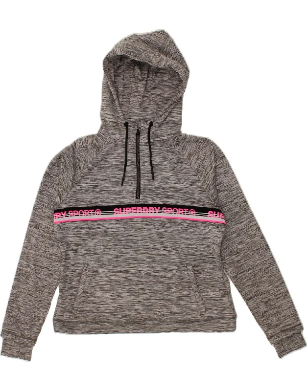 SUPERDRY Womens Graphic Zip Neck Hoodie Jumper UK 16 Large  Grey Flecked