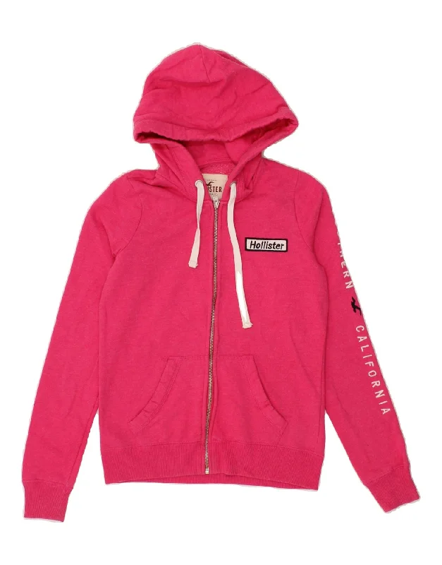 HOLLISTER Womens Graphic Zip Hoodie Sweater UK 6 XS Pink Cotton