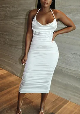 Halter Backless Bodycon Runched Midi Dress Elegant Evening Party Dress Tunics Wedding white Halter Backless Bodycon Runched Midi Dress Elegant Evening Party Dress Tunics Wedding white
